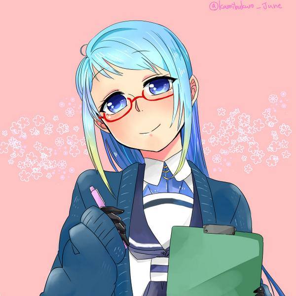 1girl aqua_eyes bare_shoulders black_gloves blue_hair blush clipboard glasses gloves gradient_hair kantai_collection long_hair multicolored_hair pen red-framed_glasses samidare_(kantai_collection) smile solo sweater very_long_hair