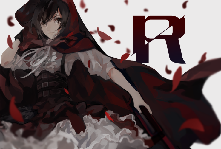 1girl bangs belt black_eyes black_hair bustier cloak closed_mouth frills holding holding_weapon hood hooded_cloak looking_at_viewer multiple_belts petals red_cape ribbon rose_petals ruby_rose rwby short_hair simple_background smile solo swept_bangs tanshi_shou text underbust weapon