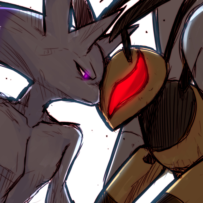 beedrill glowing glowing_eyes insect kuresento mega_beedrill mega_mewtwo_y mega_pokemon mewtwo no_humans pokemon standoff