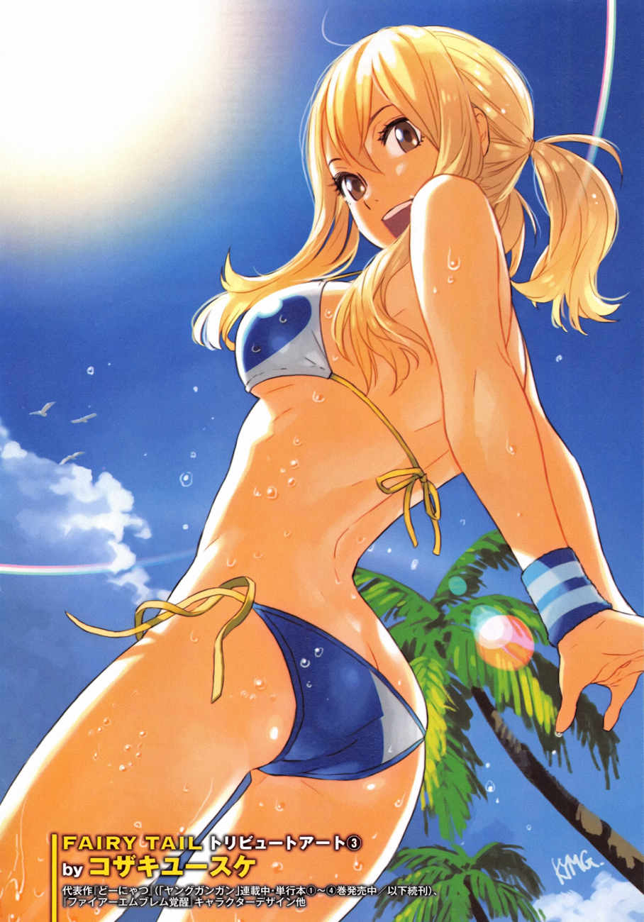 1girl arms_behind_back ass back bikini bird blonde_hair blue_sky breasts brown_eyes butt_crack fairy_tail from_behind highres kozaki_yuusuke lens_flare looking_back lucy_heartfilia official_art open_mouth palm_tree rainbow scan seagull side-tie_bikini sideboob sky smile solo sun swimsuit tree twintails untied untied_bikini wardrobe_malfunction water wet wristband
