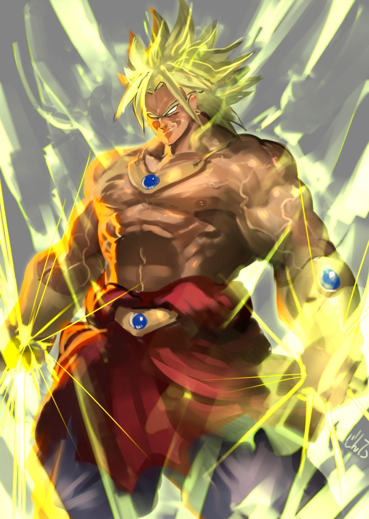 1boy alien blonde_hair broly dragon_ball earrings glowing glowing_eyes jewelry jintetsu legendary_super_saiyan lighting male_focus muscle necklace super_saiyan topless