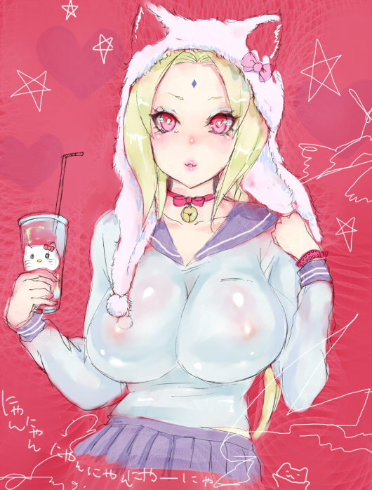 1girl animal_hat bell blonde_hair breasts cup facial_mark female forehead_mark hat holding impossible_clothes large_breasts looking_at_viewer naruto red_background red_eyes rimo_(shunlovej) school_uniform skirt solo straw tsunade upper_body