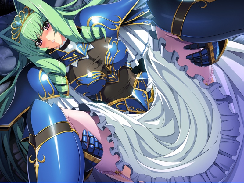 1girl andou_tomoya armor blush breasts game_cg green_hair himekishi_olivia inoino large_breasts legs long_hair looking_at_viewer lying nakano_sora olivia_lindegald solo spread_legs thigh-highs thighs violet_eyes