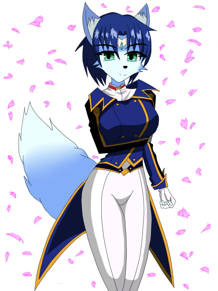 1girl blue_hair female furry green_eyes krystal nintendo solo star_fox tail uniform