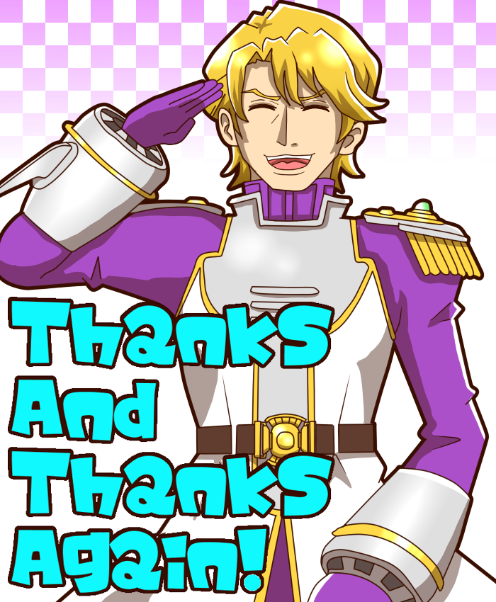 1boy armor blonde_hair closed_eyes gloves keith_goodman male_focus salute sky_high smile solo superhero thanks tiger_&amp;_bunny