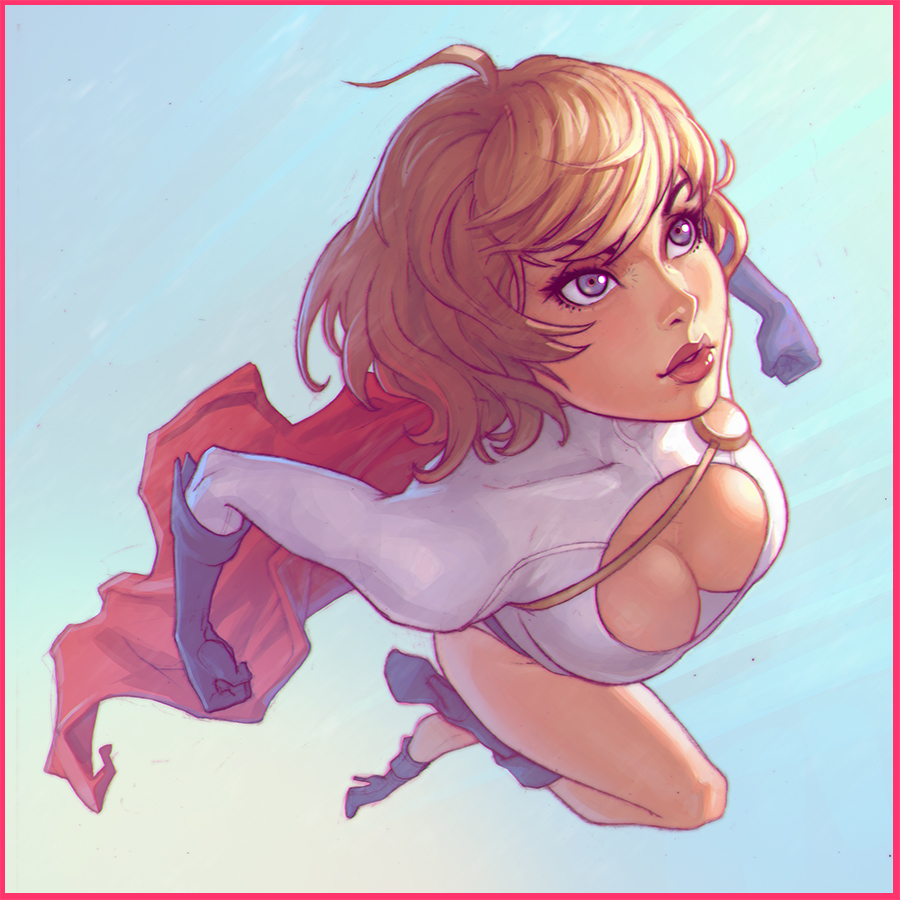 1girl alien blonde_hair blue_eyes blue_gloves blue_shoes blue_sky boots border breasts cape cleavage cleavage_cutout clouds cutout dc_comics flying gloves high_heel_boots high_heels ilya_kuvshinov kryptonian large_breasts leotard long_sleeves power_girl red_cape shoes short_hair sky solo superman_(series)