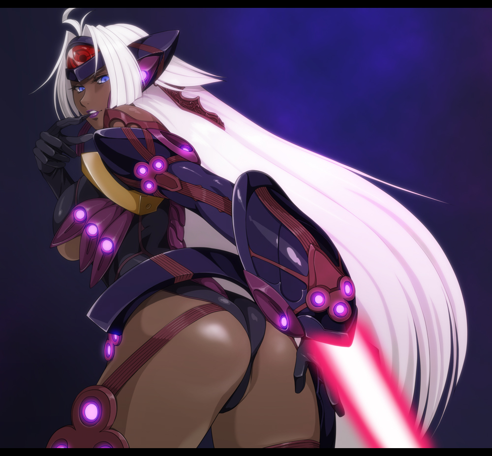 1girl breasts curvy dark_skin from_behind large_breasts looking_back smile t-elos thick_thighs thighs wide_hips xenosaga