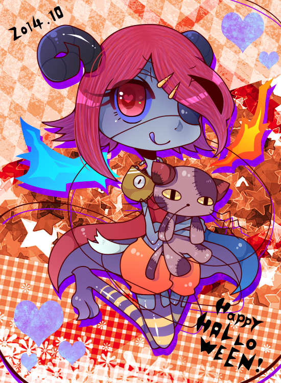 10s 1girl 2014 claws dated eyepatch female hair_ornament hairclip halloween happy_halloween heart heart-shaped_pupils horns licking_lips monster_girl original red_eyes redhead short_hair solo star stitches stuffed_animal stuffed_toy symbol-shaped_pupils tail tongue tongue_out