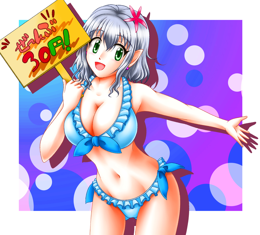1girl amagi_brilliant_park bikini blue_bikini blush breasts cleavage earrings female green_eyes hair_ornament jewelry large_breasts looking_at_viewer muse_(amaburi) navel open_mouth short_hair silver_hair smile solo standing swimsuit thighs