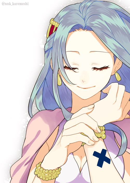 1girl alabasta blue_hair bracelet cape closed_eyes curry_gohan dress jewelry nefertari_vivi one_piece princess smile solo x_(symbol)