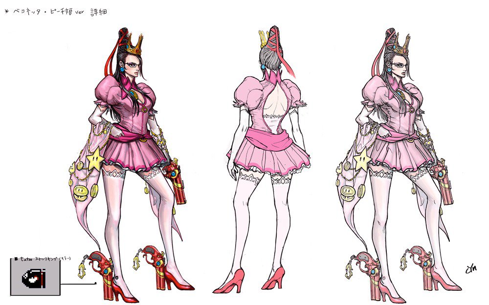 1girl alternate_costume bayonetta bayonetta_(character) bullet_bill nintendo official_art princess_peach princess_peach_(cosplay) super_mario_bros.