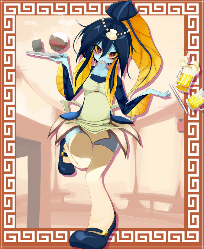 1girl alcohol apron blue_skin blush bowl cup female fish_girl mary_janes minette_(skullgirls) monster_girl mug multicolored_eyes open_mouth pink_eyes rice scales shell shoes skullgirls solo thigh-highs waitress wavy_mouth white_legwear yae_(snosui7) yellow_sclera