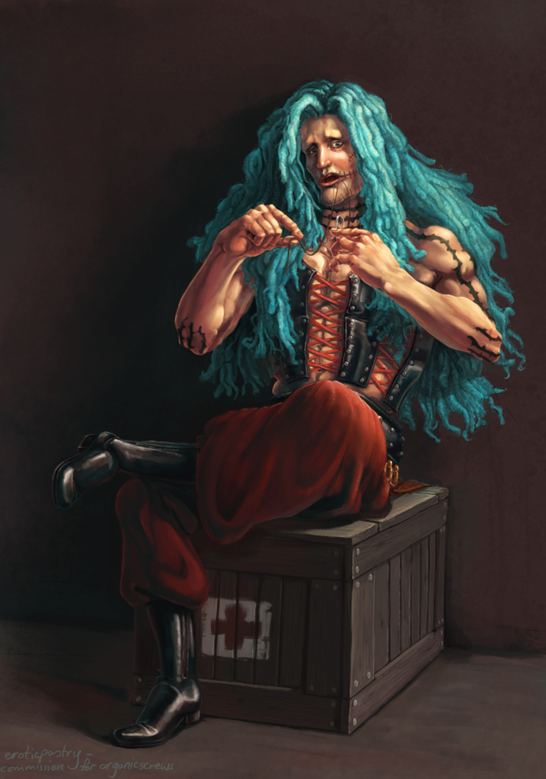 1boy blue_hair glasgow_smile hairlocs heat_(one_piece) looking_at_viewer lordofthepies male_focus one_piece sewing sitting solo stitching tattoo thread vest