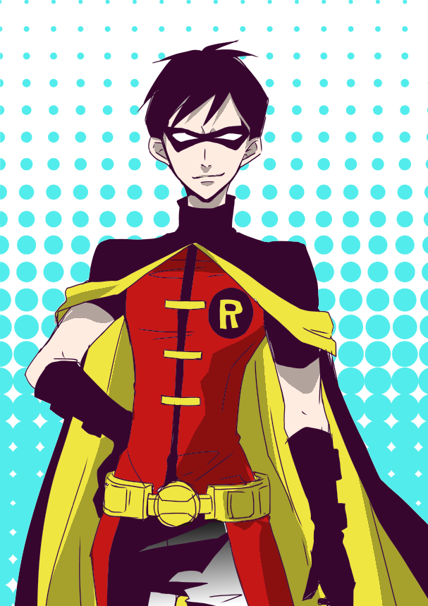 1boy batman_(series) belt black_hair cape dc_comics dick_grayson domino_mask gloves hand_on_hip male_focus mask red_shirt robin_(dc) shirt short_sleeves solo young_justice:_invasion