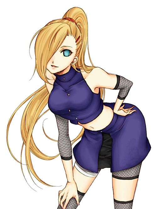 1girl bending bent_over blonde_hair blue_eyes leg_wrap looking_at_viewer mesh midriff naruto naruto_shippuuden ponytail pose purosumisu simple_background skirt solo thigh-highs white_background yamanaka_ino