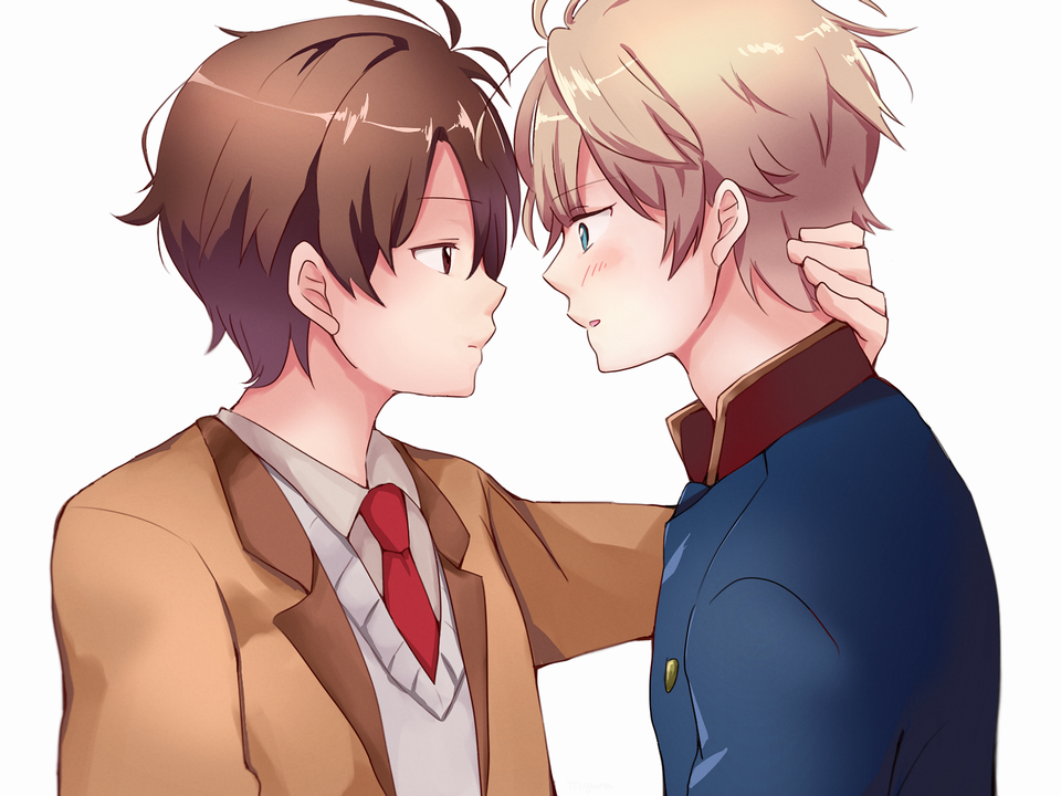 2boys aldnoah.zero blush crown7 kaizuka_inaho male_focus multiple_boys simple_background slaine_troyard white_background yaoi