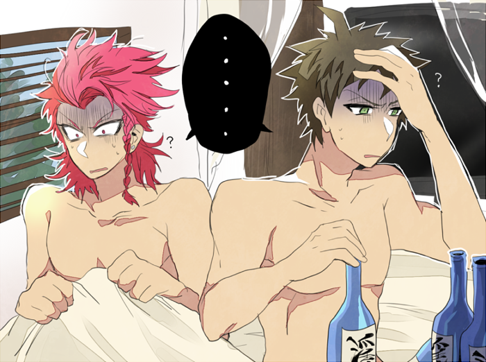 ... 2boys ? bed blanket bottle dangan_ronpa hand_on_head hinata_hajime multiple_boys souda_kazuichi super_dangan_ronpa_2 topless