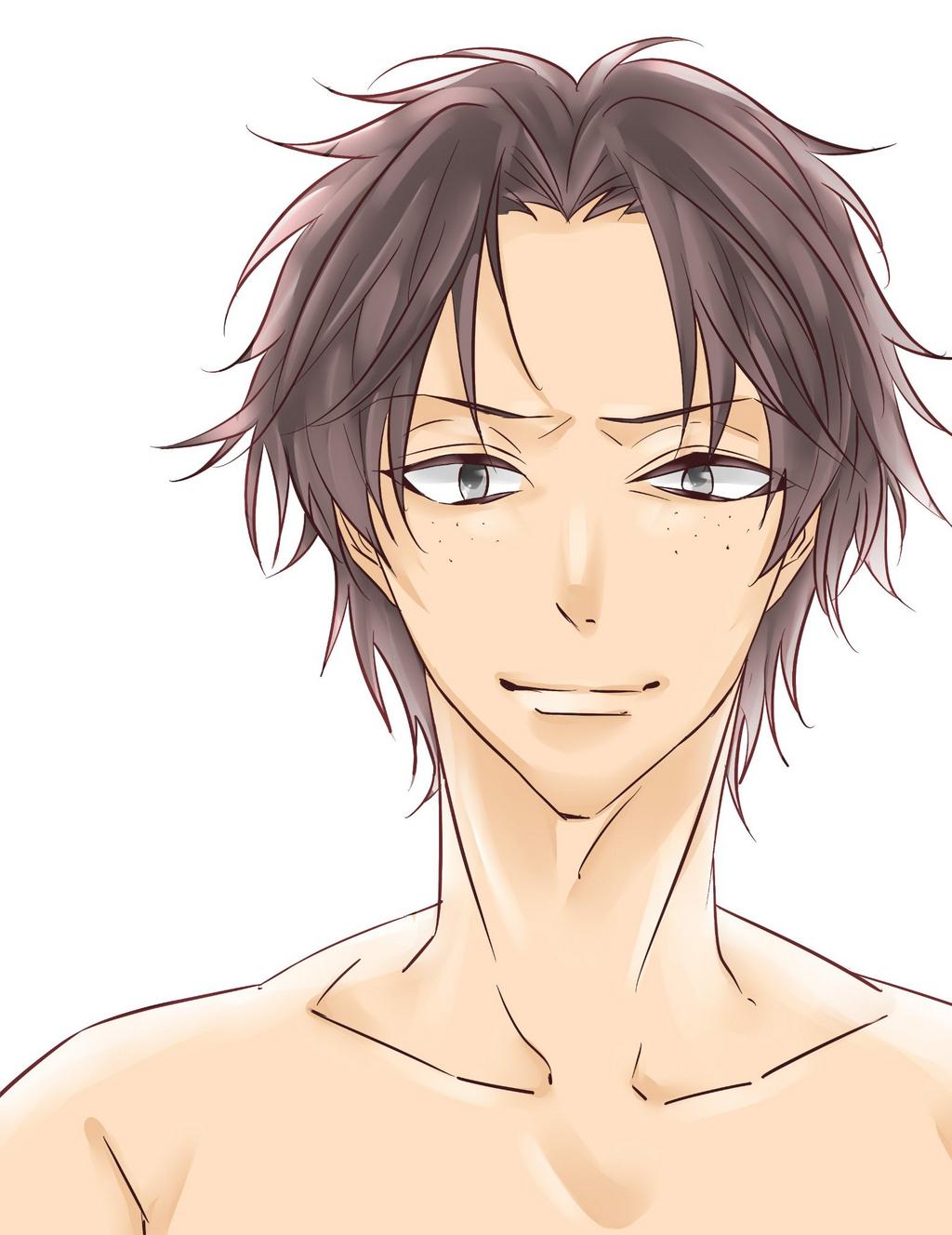1boy brown_hair freckles grey_eyes looking_at_viewer male_focus one_piece portgas_d_ace simple_background solo topless white_background