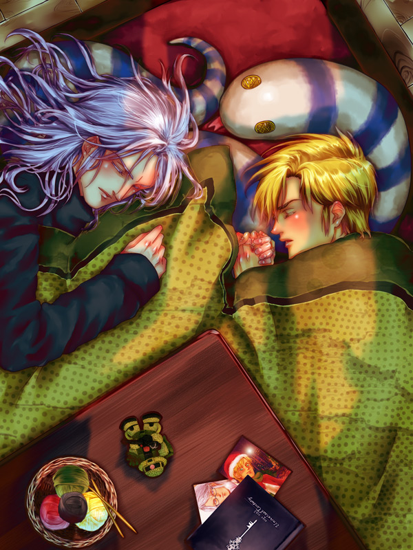 2boys 80s anavel_gato bernard_wiseman blonde_hair gundam gundam_0080 gundam_0083 hand_holding hat long_hair mion multiple_boys sleeping yaoi zaku zaku_ii zaku_ii_fz_kai