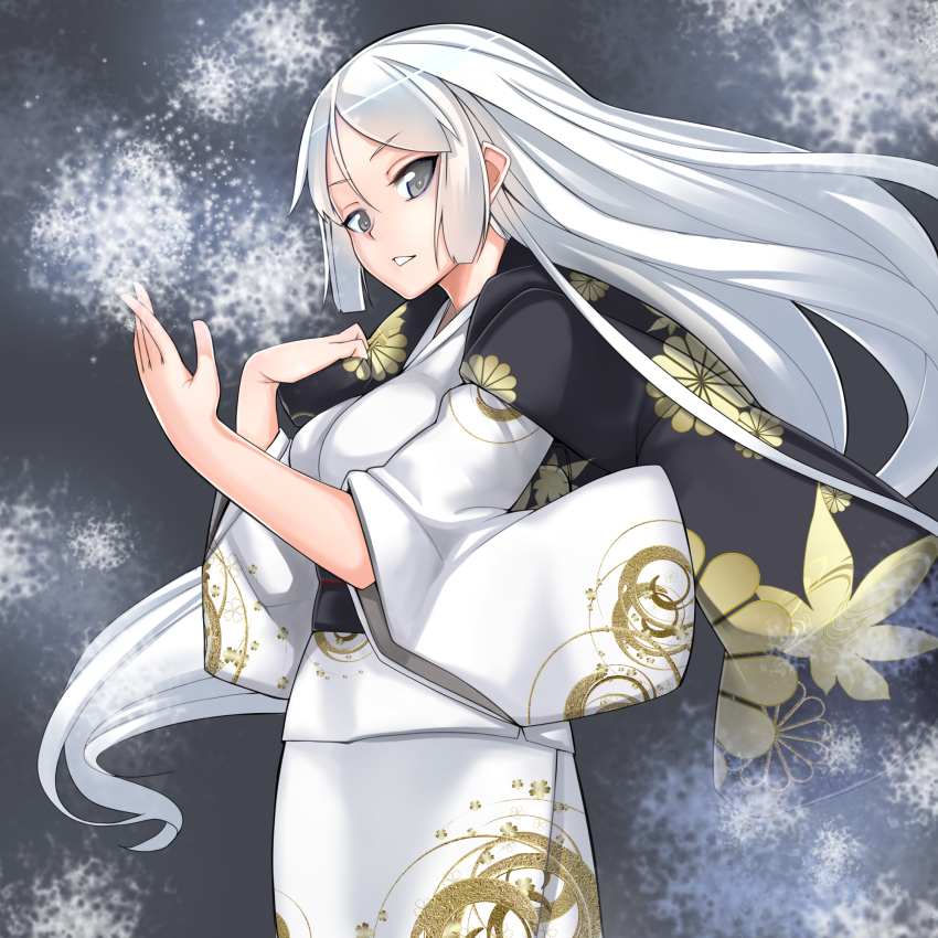 1girl black breasts floral_print gold grey_eyes japanese_clothes kimono long_hair looking_at_viewer pale_skin smile snow white white_hair