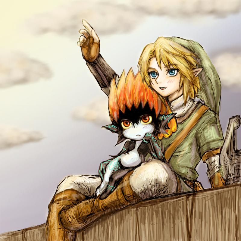 1boy 1girl imp link midna mieko pointy_ears sitting sitting_on_lap sitting_on_person the_legend_of_zelda the_legend_of_zelda:_twilight_princess