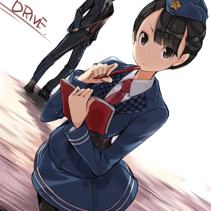 1boy 1girl black_hair book chiko_(mizuho) formal hat kamen_rider kamen_rider_drive_(series) necktie pantyhose pen pencil police police_uniform policewoman shijima_kiriko skirt suit tomari_shinnosuke uniform