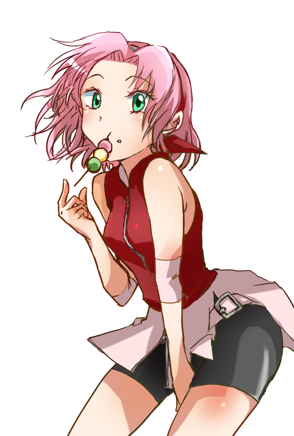 1girl bike_shorts dango eating food green_eyes haruno_sakura naruto pink_hair rapan_(rabits) solo wagashi