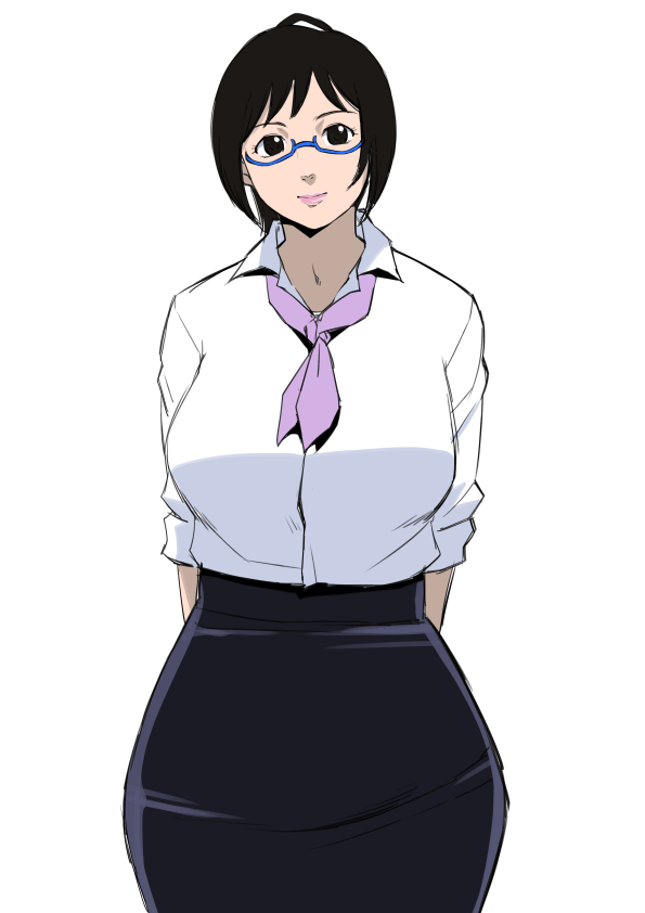 1girl arms_behind_back breasts brown_eyes brown_hair curvy ganto glasses hair_tie holon huge_breasts lipstick loose_necktie loose_shirt makeup neckerchief necktie office_lady pencil_skirt ponytail real_drive shirt simple_background skirt smile standing white_background wide_hips