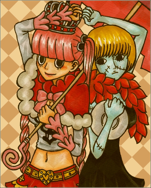 2girls back-to-back bangs belt black_dress blonde_hair bow capelet crown dress feather_boa heart long_sleeves midriff multiple_girls nanako_(skr7k) one_piece perona pink_hair plate red_cape red_skirt short_hair skirt stitching thriller_bark twintails umbrella victoria_cindry zombie