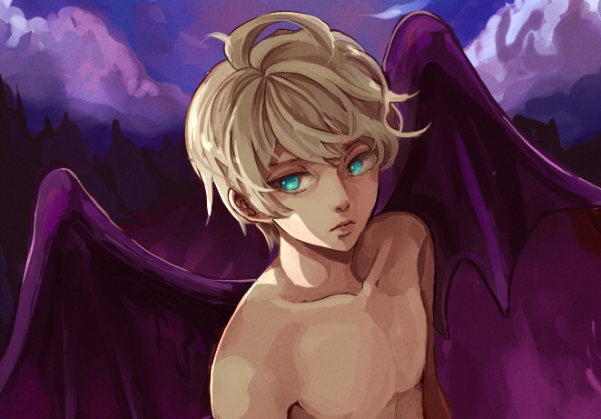 1boy aldnoah.zero aqua_eyes blonde_hair child clouds dark demon_wings forest ham9617 male_focus nature outdoors portrait sky slaine_troyard solo topless wings