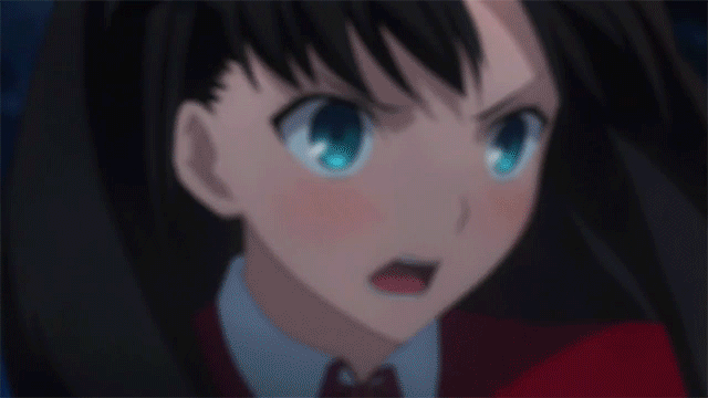 1girl animated animated_gif black_hair blush bow fate/stay_night fate/unlimited_blade_works fate_(series) hair_bow hair_ribbon long_hair ribbon surprised sweat tied_hair tohsaka_rin twintails
