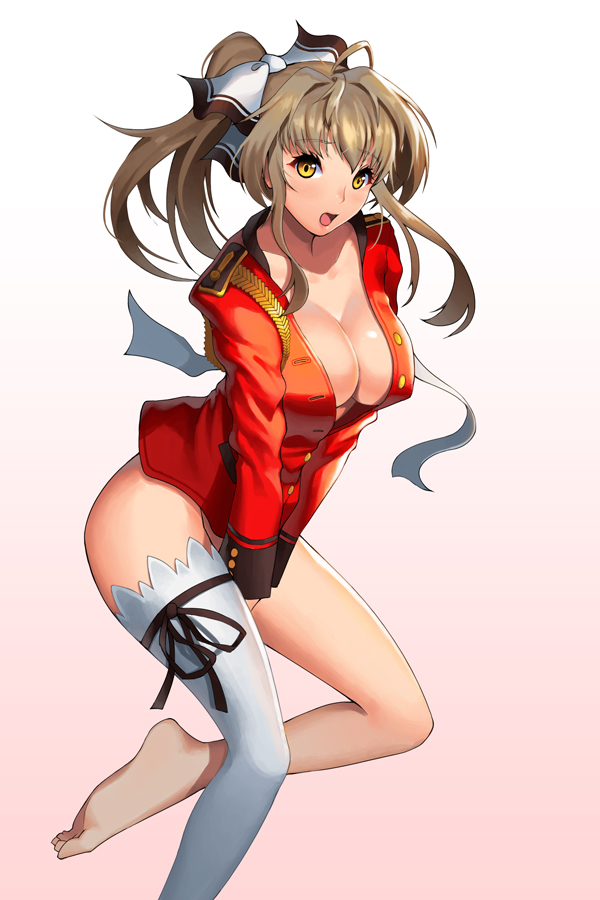 1girl aaa aiguillette amagi_brilliant_park bad_id barefoot breasts brown_hair cleavage covering covering_crotch hair_ribbon large_breasts legs long_hair long_sleeves looking_at_viewer no_bra no_panties no_pants open_clothes open_mouth open_shirt ponytail ribbon sento_isuzu shirt single_thighhigh solo thigh-highs thighs uniform white_legwear yellow_eyes