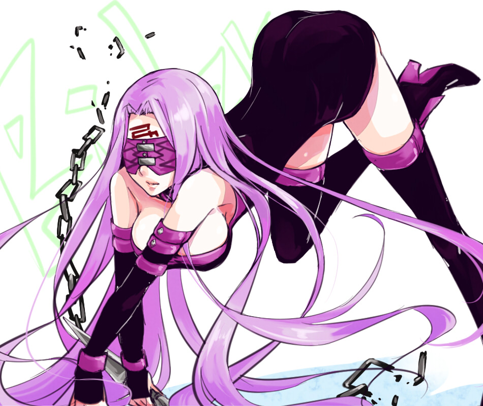 1girl ass blindfold boots breasts facial_mark fate/stay_night fate_(series) female h311cat large_breasts long_hair purple_hair rider solo standing_on_one_leg thigh-highs thigh_boots top-down_bottom-up very_long_hair violet_eyes