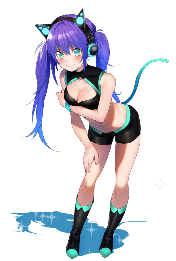 1girl animal_ears aqua_eyes axent_wear boots breasts cat_ear_headphones cat_ears cleavage erubo fake_animal_ears full_body gradient_hair hand_on_leg headphones leaning_forward multicolored_hair original purple_hair shadow simple_background solo standing tail white_background