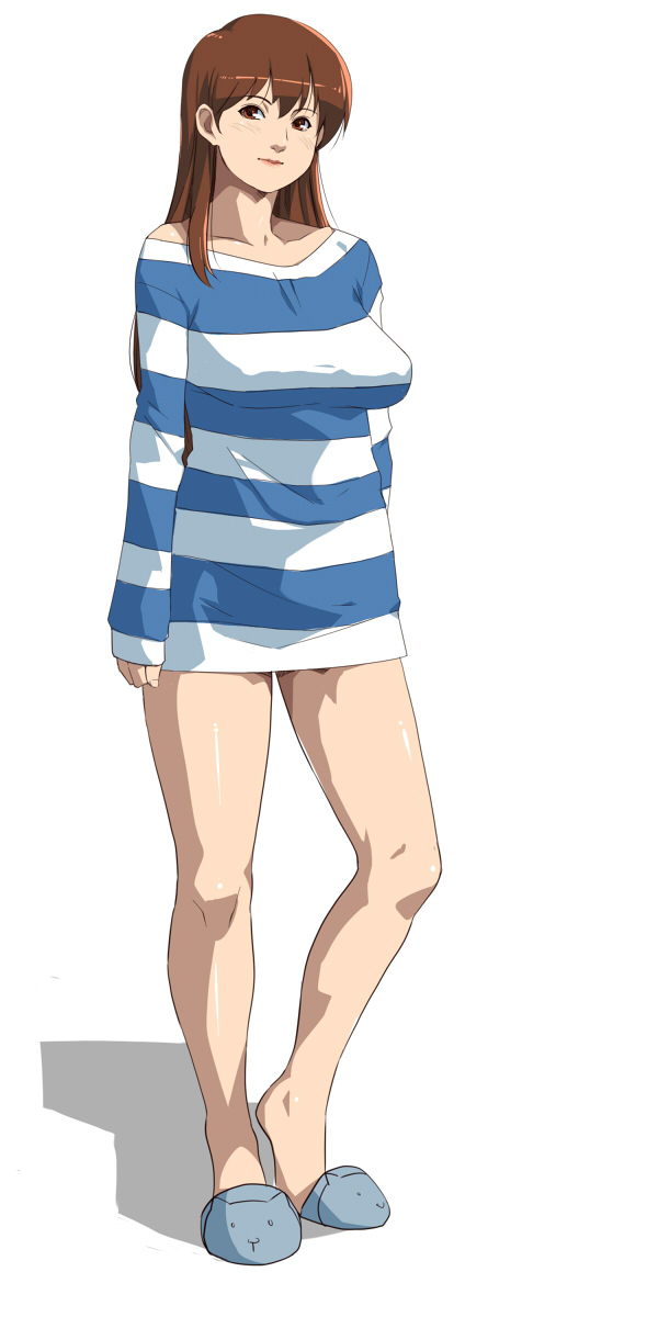 1girl breasts brown_eyes brown_hair feet full_body ganto legs lips long_hair looking_at_viewer perky_breasts pointy_breasts shirt simple_background slippers solo striped striped_shirt thighs white_background