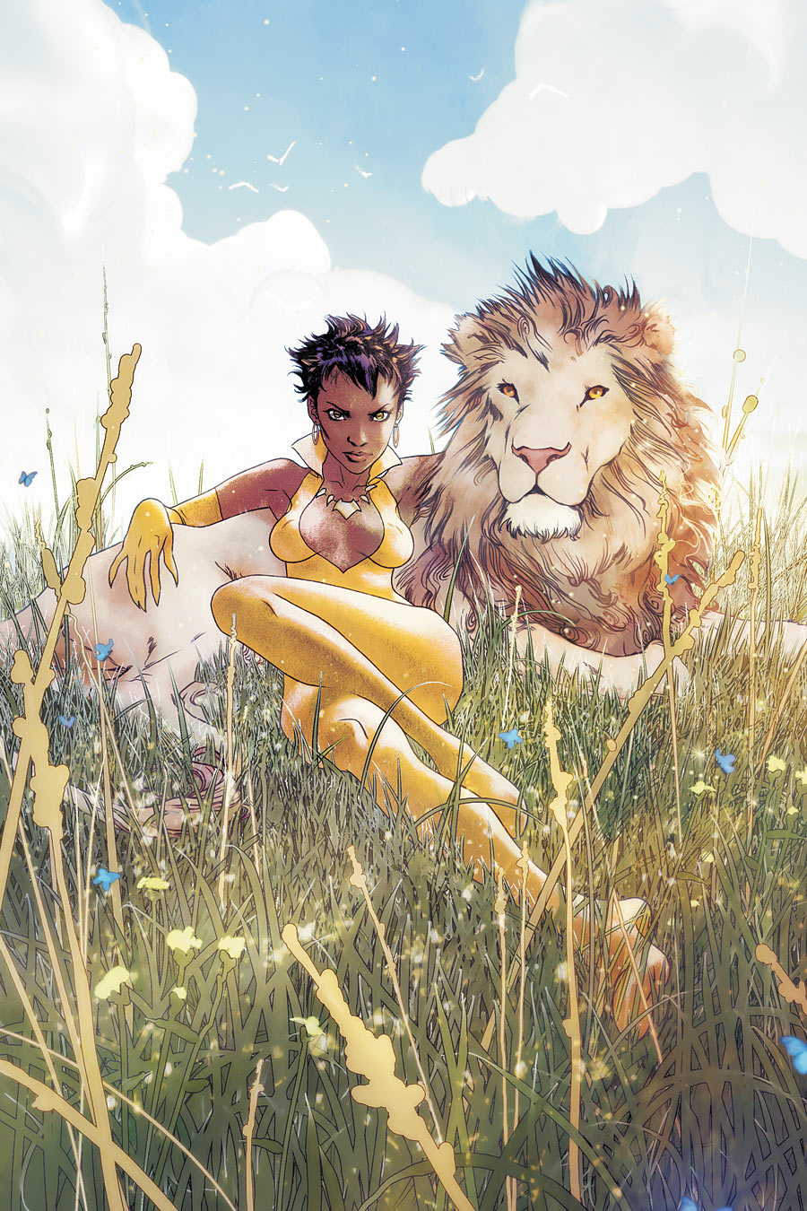 1girl bird blue_sky bodysuit breasts brown_eyes brown_hair butterfly cleavage clouds dark_skin dc_comics earrings elbow_gloves emblem field flower gloves grass jewelry justice_league leaning lion looking_at_viewer lying mari_jiwe_mccabe necklace nipples on_back pixie_cut popped_collar short_hair sky sleeveless solo vixen_(dc) yellow_eyes