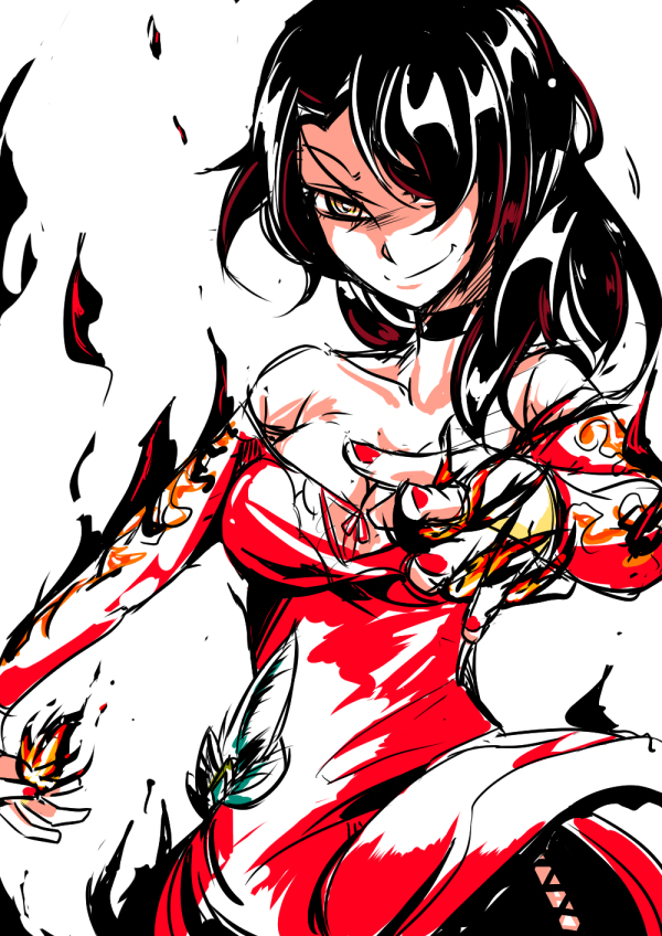 1girl black_hair breasts cinder_fall cleavage fire hair_over_one_eye long_hair nail_polish pixiv_manga_sample rwby solo