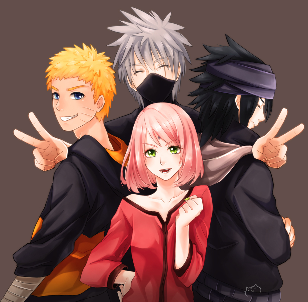 1girl 3boys alternate_costume bandage blue_eyes catboots69 closed_eyes crossed_arms facial_mark forehead_mark green_eyes green_nails half_mask haruno_sakura hatake_kakashi headband hood hoodie looking_at_viewer mask multiple_boys nail_polish naruto naruto:_the_last prosthesis prosthetic_arm scar silver_hair spiky_hair uchiha_sasuke uzumaki_naruto v whiskers