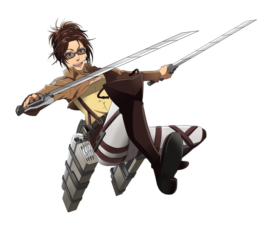 1girl brown_hair glasses hange_zoe long_hair looking_at_viewer official_art shingeki_no_kyojin smile solo sword three-dimensional_maneuver_gear weapon white_background