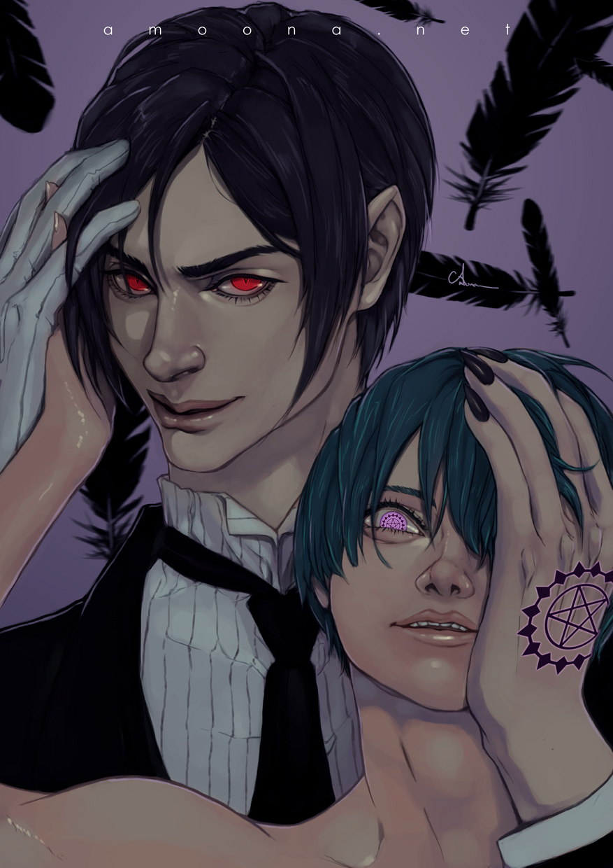 2boys amoona black_hair butler ciel_phantomhive demon formal gloves glowing glowing_eyes heterochromia kuroshitsuji male_focus multiple_boys red_eyes sebastian_michaelis suit topless tuxedo white_gloves