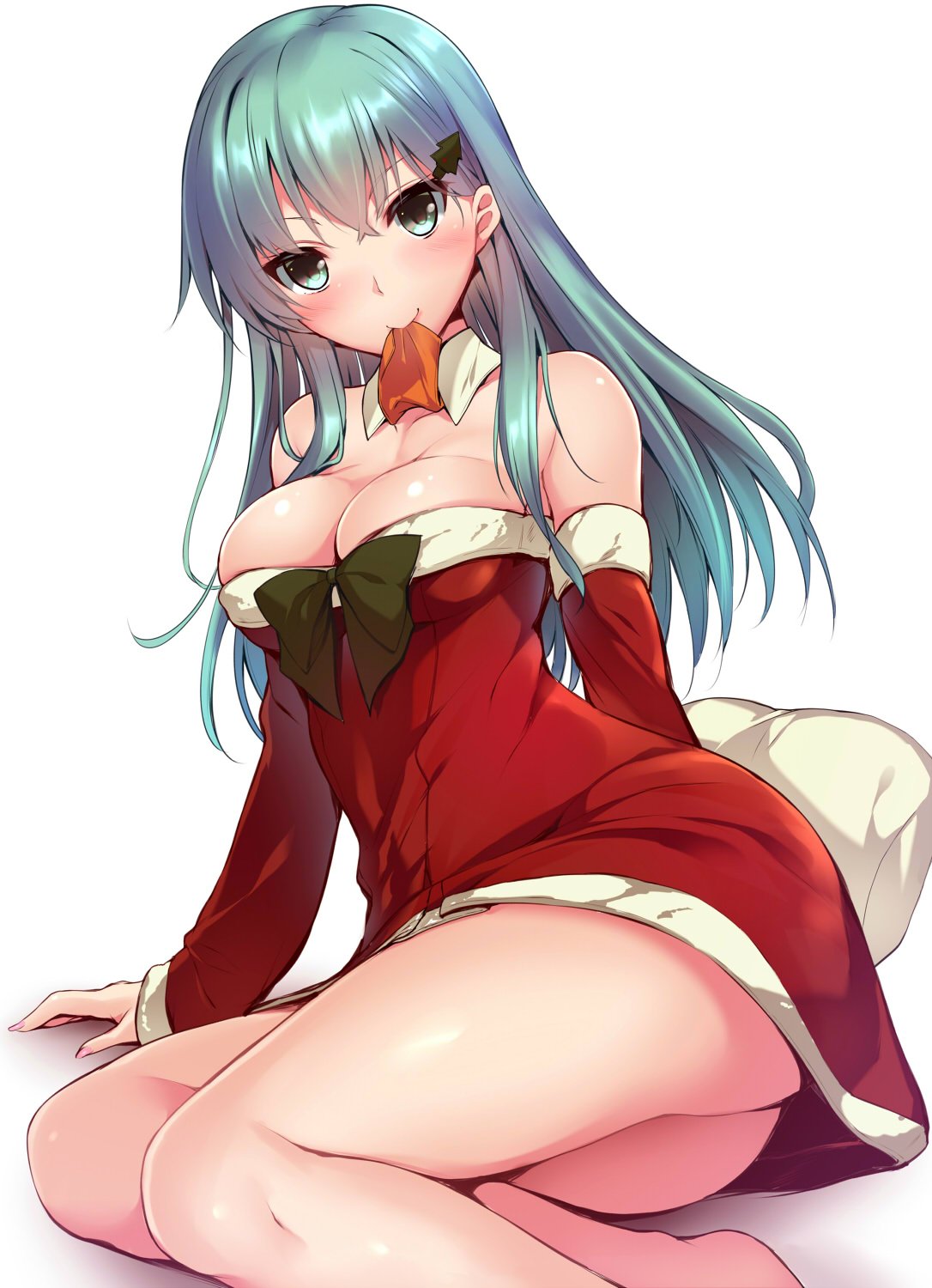 1girl aqua_eyes aqua_hair arm_support arm_warmers ass blush breasts christmas_tree_hair_ornament collarbone detached_collar dress eyebrows_visible_through_hair highres kantai_collection looking_at_viewer medium_breasts neckerchief nironiro on_bed pillow red_dress simple_background sitting smile solo suzuya_(kantai_collection) white_background