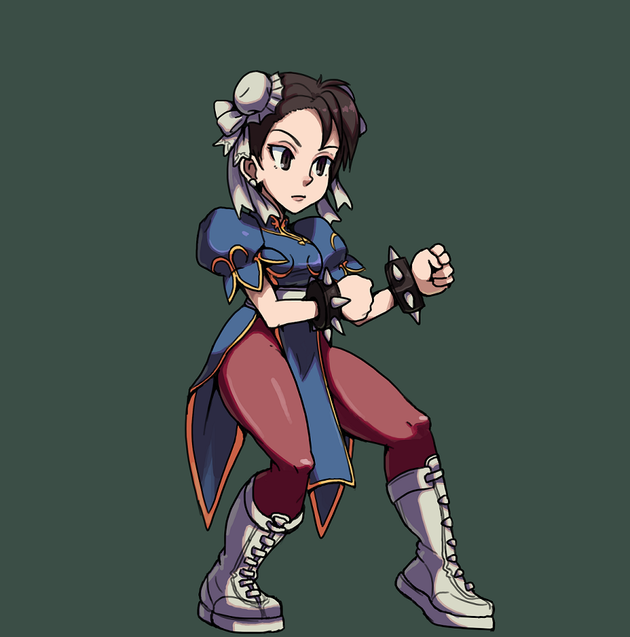 1girl alex_ahad_(style) boots bracelet breasts brown_eyes brown_hair brown_legwear capcom chinese_clothes chun-li clenched_hand double_bun drawfag earrings female fighting_stance green_background hair_ornament hair_ribbon jewelry pantyhose parody puffy_short_sleeves puffy_sleeves ribbon short_sleeves simple_background skullgirls solo street_fighter studded_bracelet style_parody thick_thighs thighs white_boots