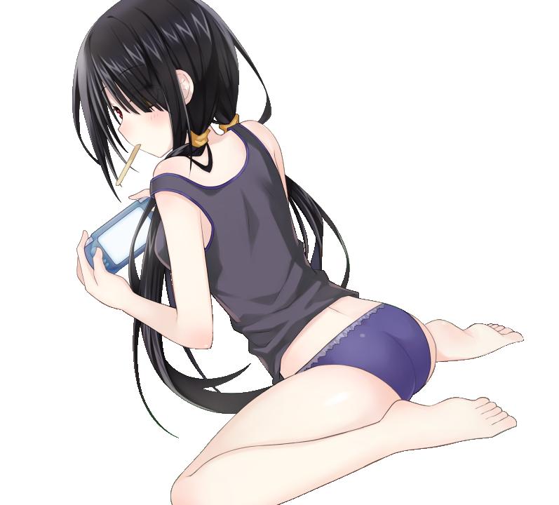 1girl ass back barefoot black_hair blush breasts date_a_live game_console hair_over_one_eye hairband legs long_hair panties playstation popsicle profile purple_panties red_eyes simple_background sitting solo tank_top thighs tokisaki_kurumi twintails underwear very_long_hair wariza white_background