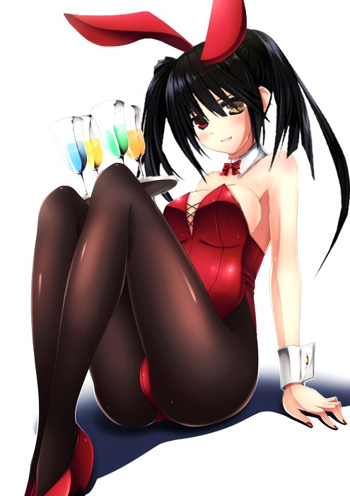 1girl ass bare_shoulders black_hair blush breasts bunny_girl bunnysuit cleavage clock_eyes date_a_live drink female glass high_heels legs leotard long_hair looking_at_viewer ornament pantyhose red_eyes red_ribbon ribbon simple_background sitting solo symbol-shaped_pupils thighs tokisaki_kurumi tray twintails white_background