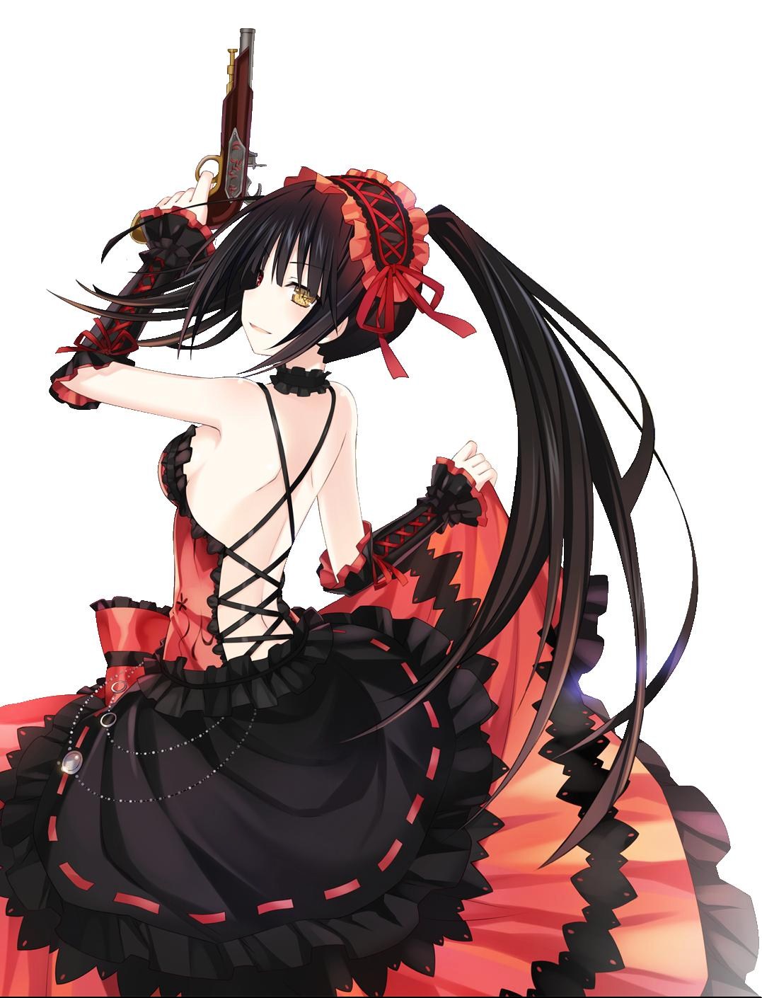 1girl back backless bare_shoulders black_hair breasts clock_eyes date_a_live dress female gothic gun hairband highres lolita_fashion lolita_hairband long_hair long_skirt looking_back profile red_eyes side_glance simple_background skirt solo standing symbol-shaped_pupils thigh-highs tokisaki_kurumi twintails weapon white_background yellow_eyes