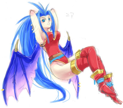 1girl a-kudachi armpits arms_behind_head bat_wings blue_eyes blue_hair breath_of_fire breath_of_fire_ii leotard long_hair lowres patty_the_phantom_thief plain_background shoes solo thigh-highs wings