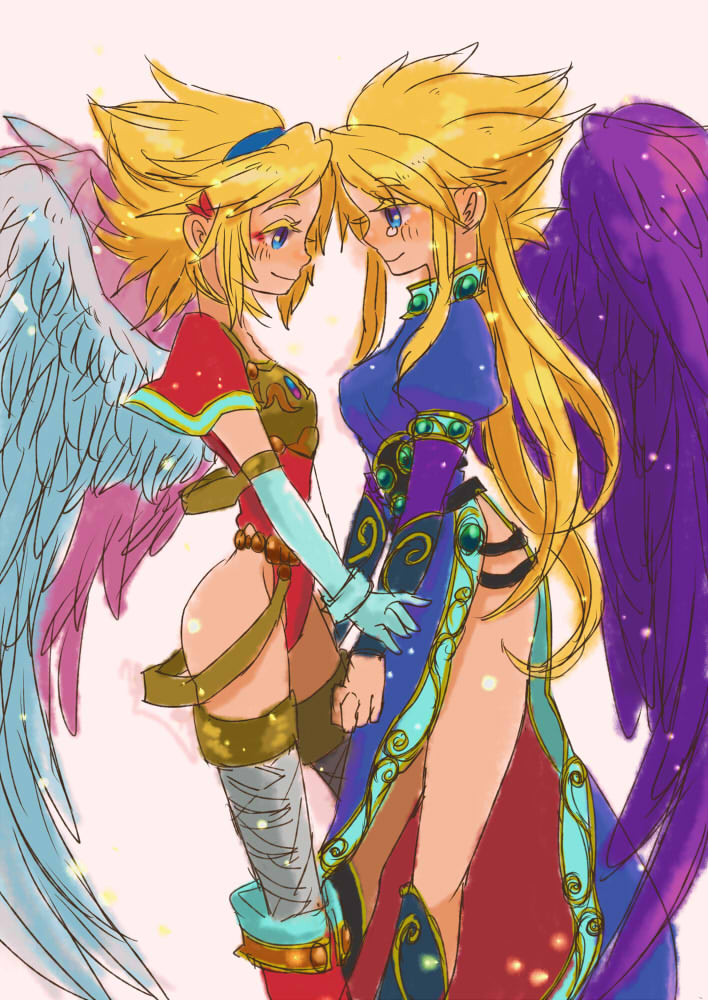 2girls black_wings blonde_hair blue_eyes breath_of_fire breath_of_fire_i breath_of_fire_ii capcom hairband hota_(29812) leotard long_gloves long_hair multiple_girls nina_(breath_of_fire_i) nina_(breath_of_fire_ii) plain_background short_hair simple_background thigh-highs thighs wings