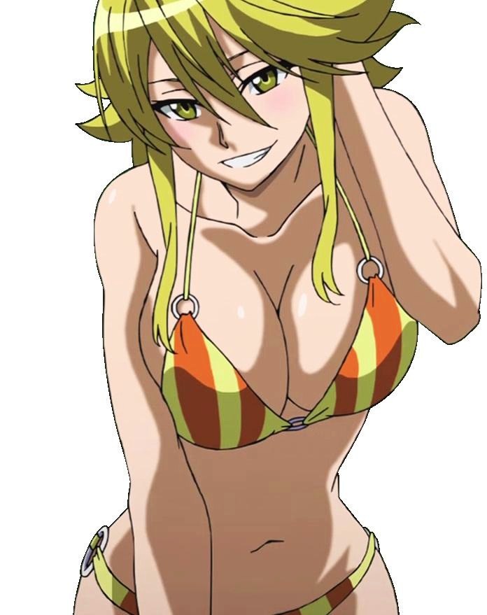 1girl akame_ga_kill! bikini blonde_hair blush breasts cleavage large_breasts leone long_hair simple_background smile standing stitched swimsuit white_background yellow_eyes