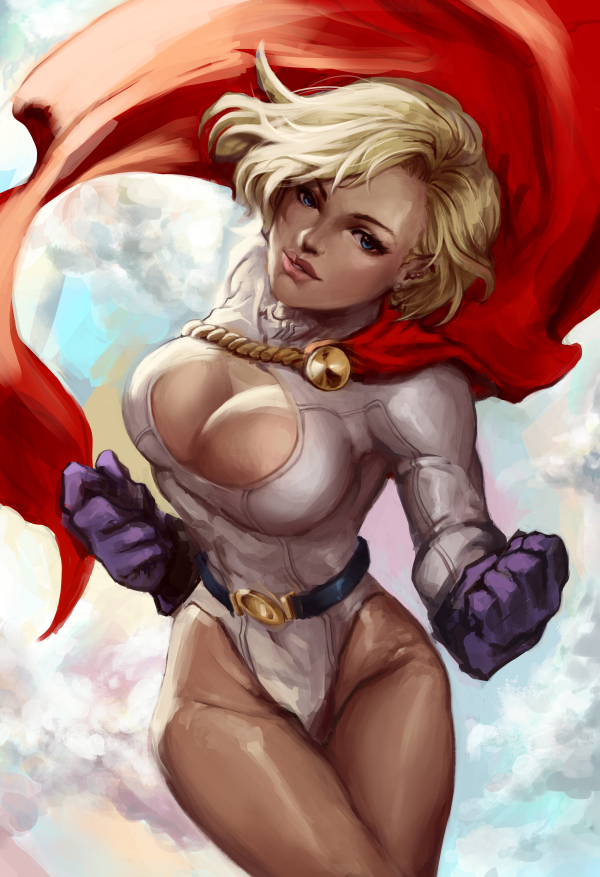 1girl alien blonde_hair blue_eyes blue_gloves cape cleavage_cutout clouds cutout dc_comics female flying gloves kryptonian long_sleeves power_girl ramen_(aquare9ia) red_cape short_hair smile solo