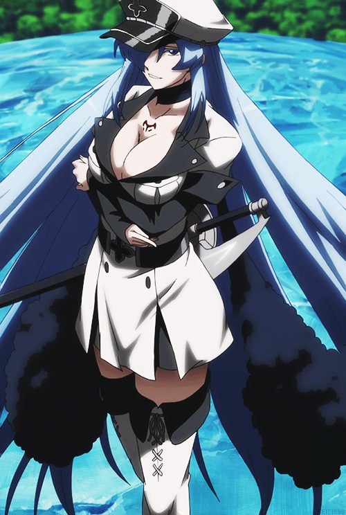 1girl akame_ga_kill! aqua_hair blue_eyes blue_hair boots breasts cleavage esdeath hair_over_one_eye hat large_breasts long_hair looking_at_viewer military military_uniform peaked_cap skirt solo standing sword thigh-highs thigh_boots thighs uniform very_long_hair weapon white_legwear